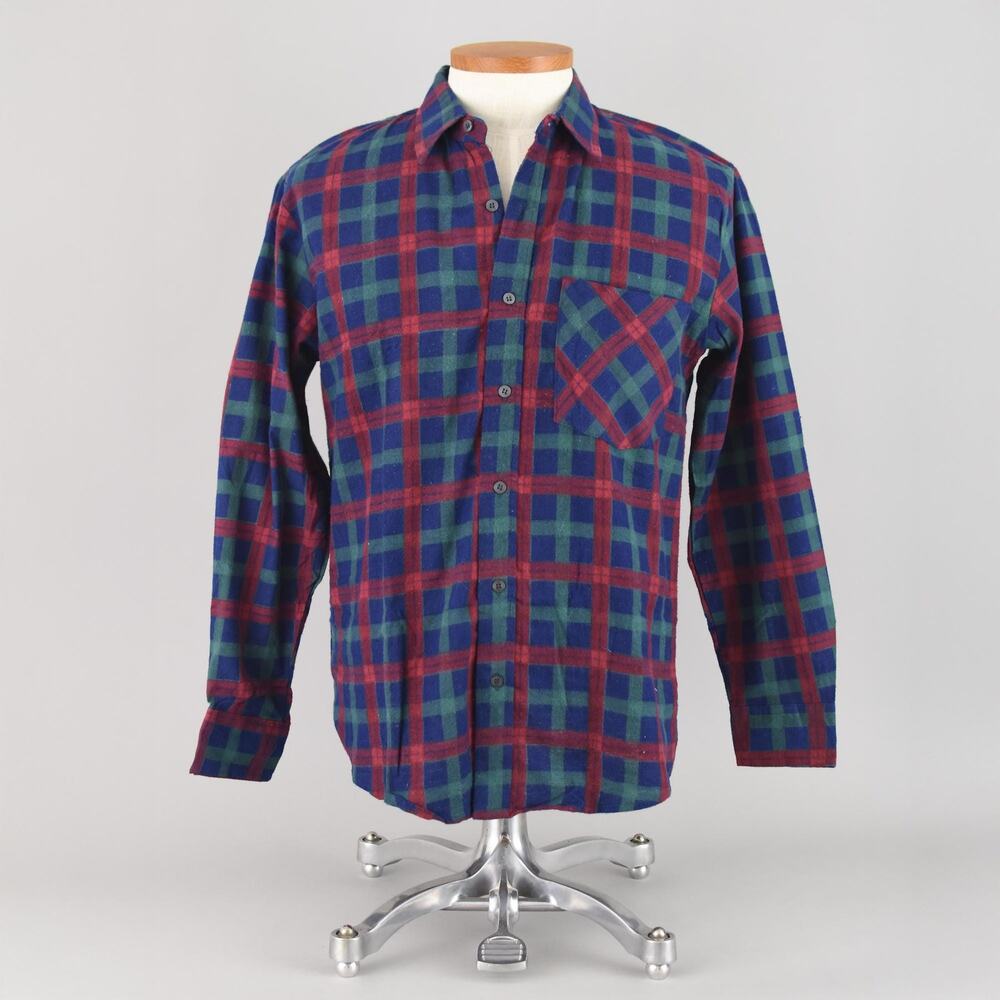 Vintage Blue & Red Plaid Flannel Long Sleeve Shirt, Men's Medium